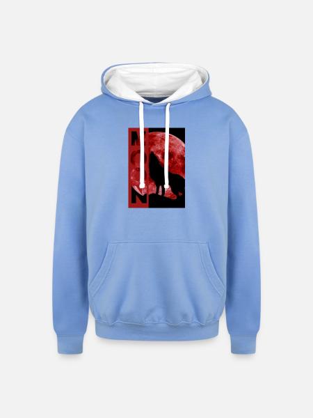 Moonlit Wolf Howl Silhouette - Unisex Contrast Hoodie - sky blue/white