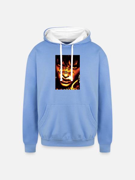 Inferno Portrait: Bold Text Overlay - Unisex Contrast Hoodie - sky blue/white