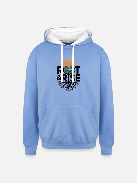 Root & Rise: Sunburst Tree - Unisex Contrast Hoodie - sky blue/white