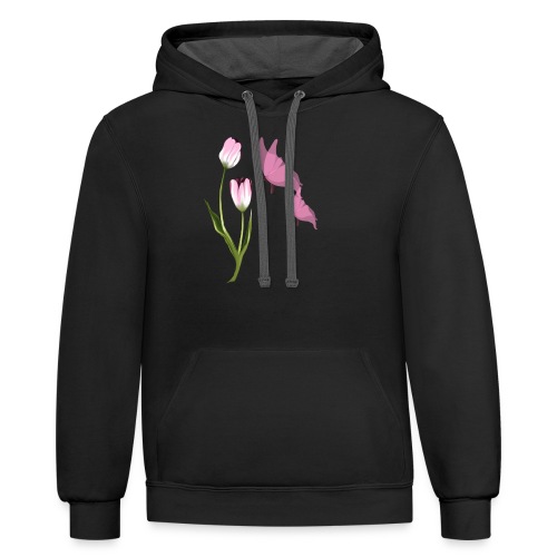 Pink Tulip and Pink Butterflies - Unisex Contrast Hoodie