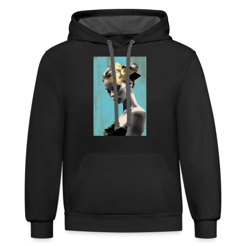 Gold on Turquoise - Minimalist Portrait of a Woman - Unisex Contrast Hoodie