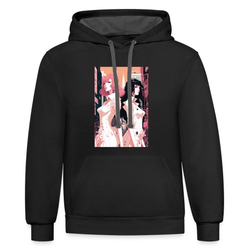 Pink and Black - Cyberpunk Illustrated Portrait - Unisex Contrast Hoodie