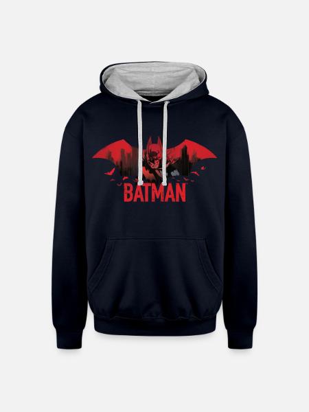 Batman With Bats And Red Batman Logo - Unisex Contrast Hoodie - navy/heather gray