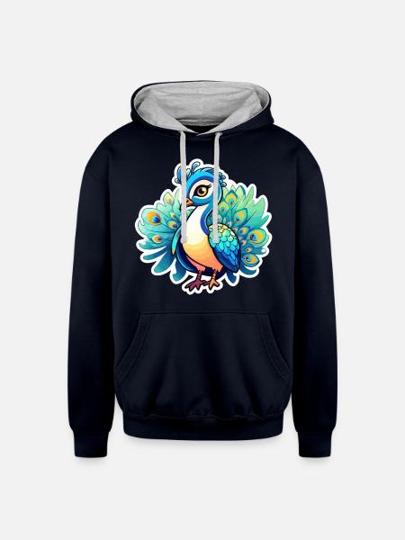 Peacock Bird Illustration - Unisex Contrast Hoodie - navy/heather gray