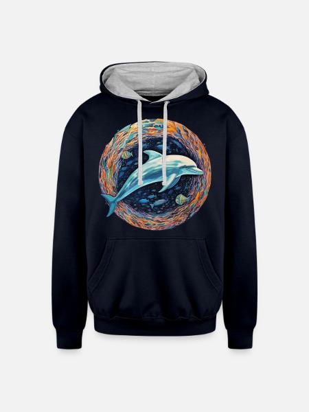 Dolphin Celestial - Luminous Depths - Unisex Contrast Hoodie - navy/heather gray