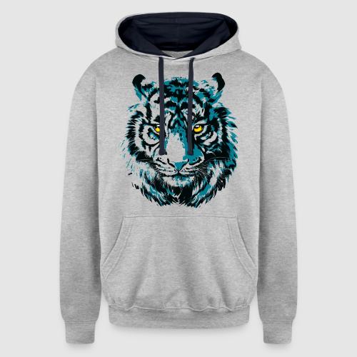 Colorful Turquoise Tiger Head Portrait Drawing - Unisex Contrast Hoodie