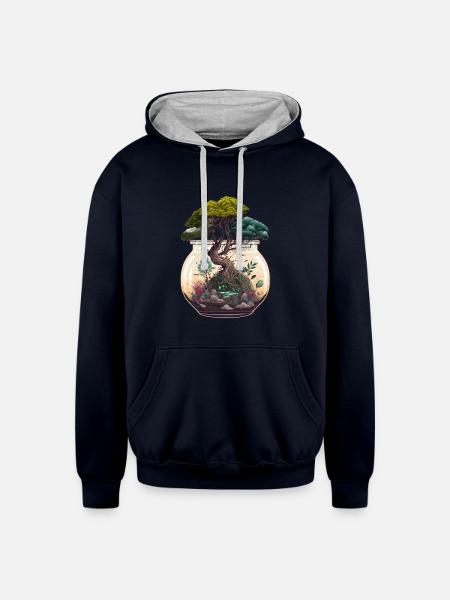 Bonsai Tree Terrarium - Unisex Contrast Hoodie - navy/heather gray