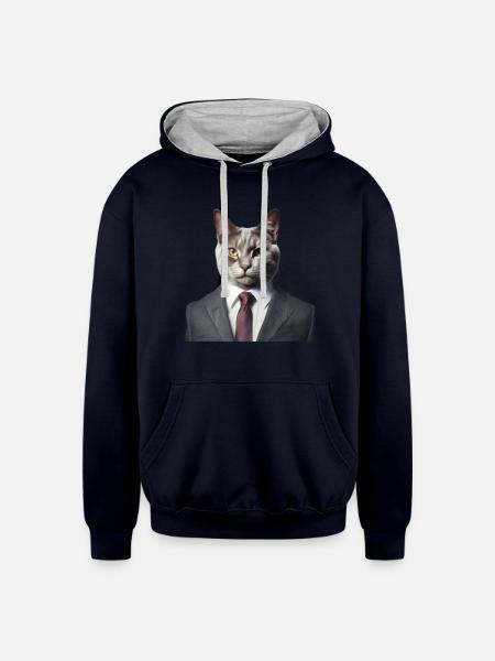 Cat in a suit - Unisex Contrast Hoodie - navy/heather gray
