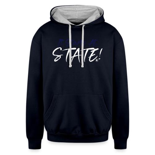 It Starts At STATE! -Navy & White Script - Unisex Contrast Hoodie