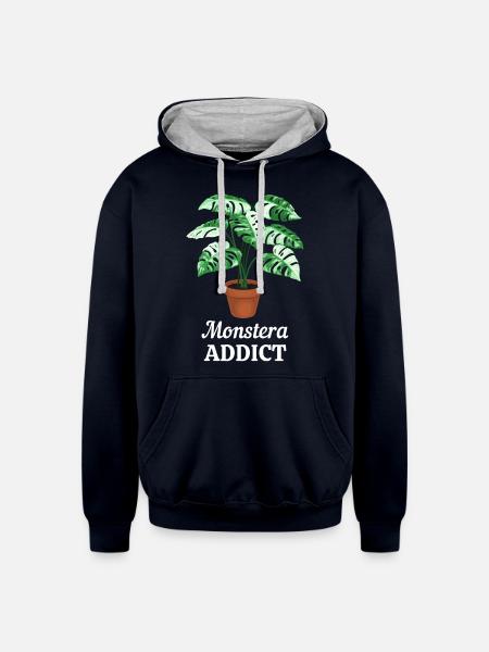 Monstera Addict - Unisex Contrast Hoodie - navy/heather gray