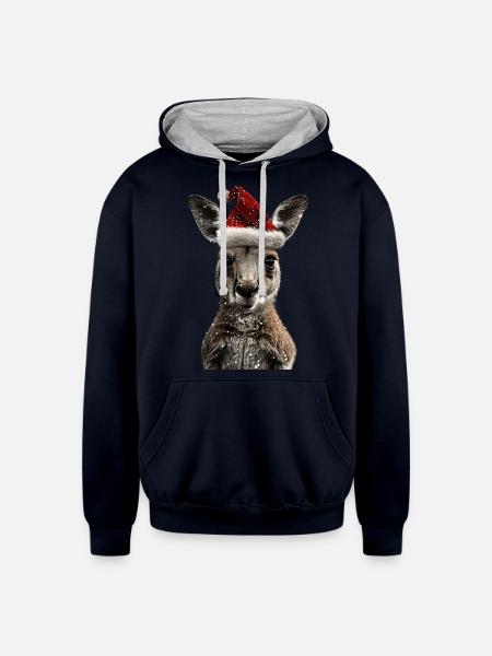 Kangaroo Christmas Hat - Unisex Contrast Hoodie - navy/heather gray