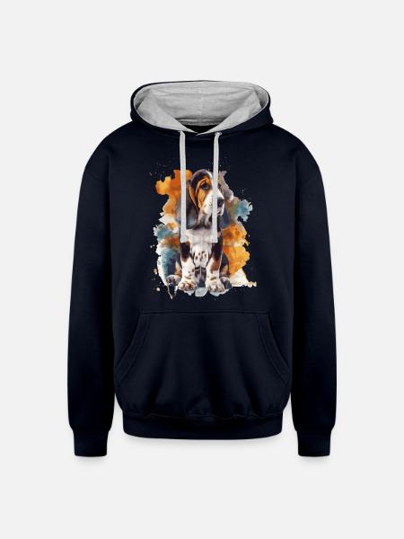 Basset Hound - Unisex Contrast Hoodie - navy/heather gray