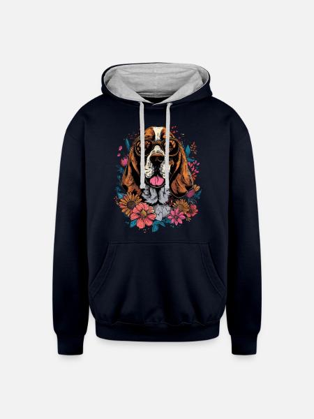 Basset Hound - Unisex Contrast Hoodie - navy/heather gray