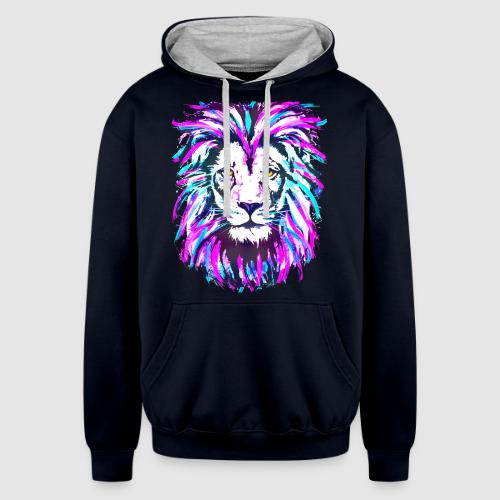 Neon Pink Lion Head Portrait Drawing - Purple Lion - Unisex Contrast Hoodie