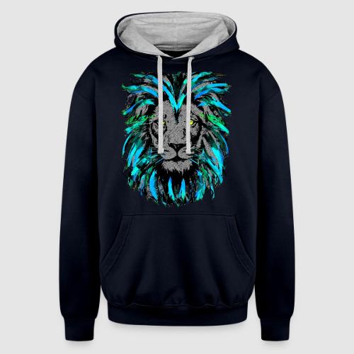 Turquoise Lion Head Drawing - Zodiac Leo - Unisex Contrast Hoodie