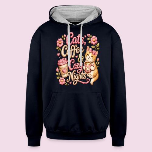 Cats, Coffee & Cozy Nights Faux Stitched Design - Unisex Contrast Hoodie
