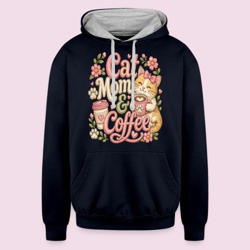 Cat Mom & Coffee Faux Stitched Cat Lover Design - Unisex Contrast Hoodie