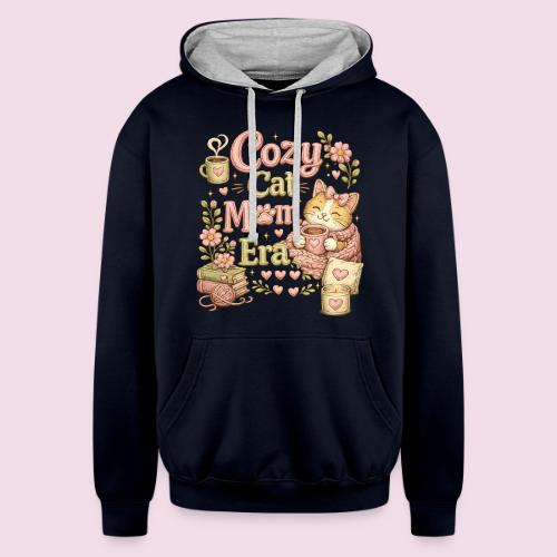 Cozy Cat Mom Era Faux Stitched Design - Unisex Contrast Hoodie