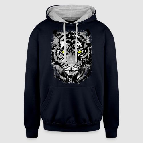 Gray Tiger Head Portrait Drawing - Black and White - Unisex Contrast Hoodie
