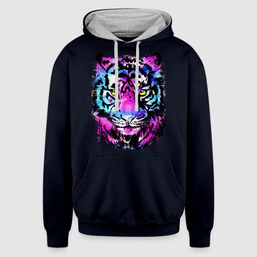 Neon Pink Tiger Head Portrait Drawing - Blue Tiger - Unisex Contrast Hoodie
