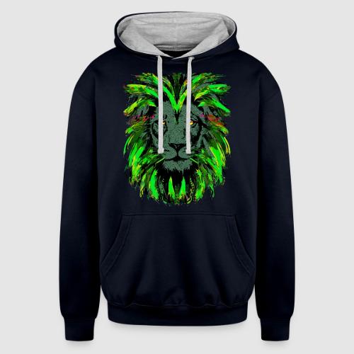 Green Lion Head Portrait Drawing - Green Lion - Unisex Contrast Hoodie