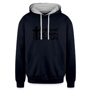 The Way, Truth, Life - John 14 6 - Unisex Contrast Hoodie - navy/heather gray - Front