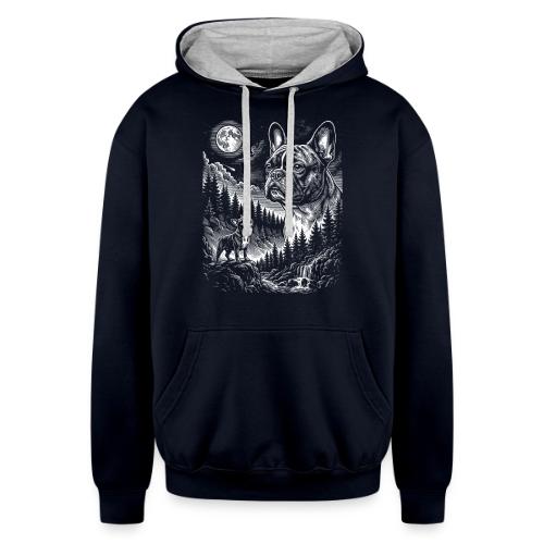 Vintage French Bulldog Moon Howling Tee - Unisex Contrast Hoodie
