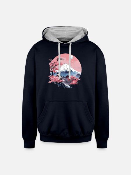 Mount Fuji Sakura - Unisex Contrast Hoodie - navy/heather gray
