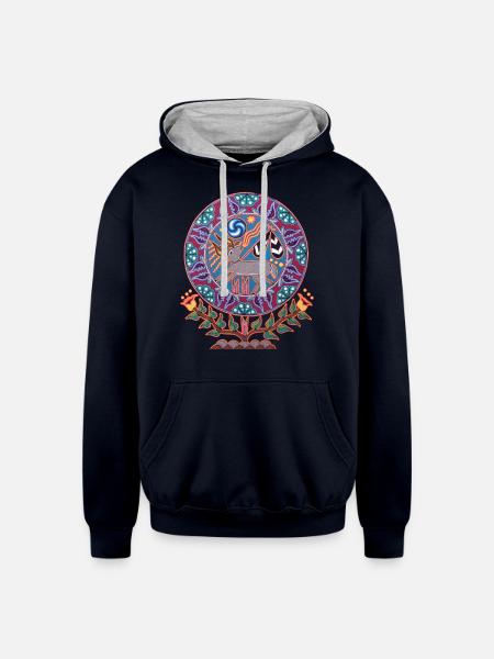 Native Huichol Peyote Deer - Unisex Contrast Hoodie - navy/heather gray