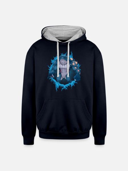 Whale Mutant With Halftone Background - Unisex Contrast Hoodie - navy/heather gray
