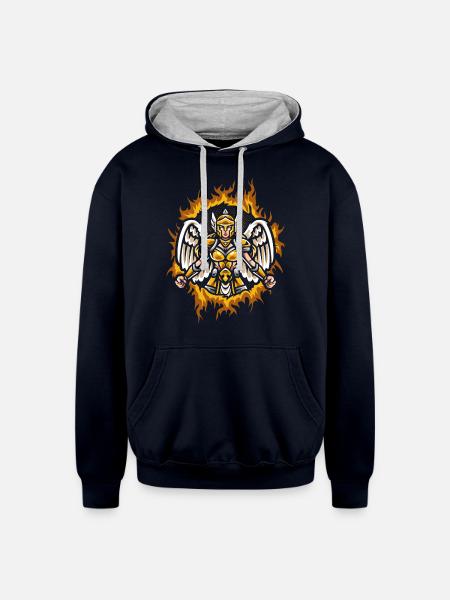 Valkyrie With Halftone Fire Background - Unisex Contrast Hoodie - navy/heather gray