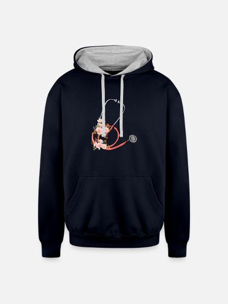 Stethoscope Floral Sticker - Unisex Contrast Hoodie - navy/heather gray