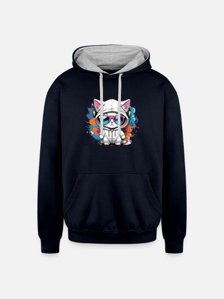cute cat enjoying music - Unisex Contrast Hoodie - navy/heather gray