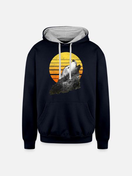 Wolf Howling At The Moon - Unisex Contrast Hoodie - navy/heather gray