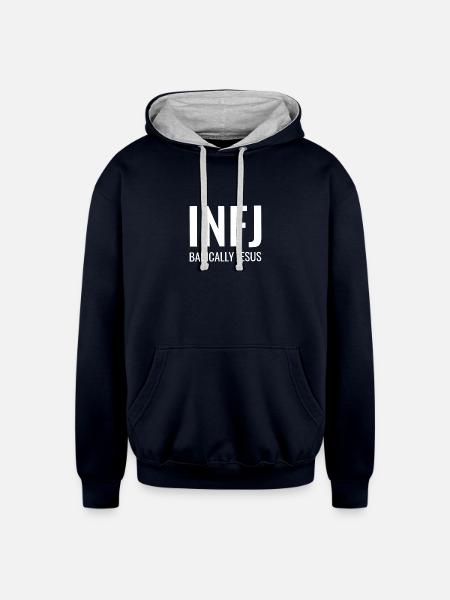 infj - basically jesus - Unisex Contrast Hoodie - navy/heather gray