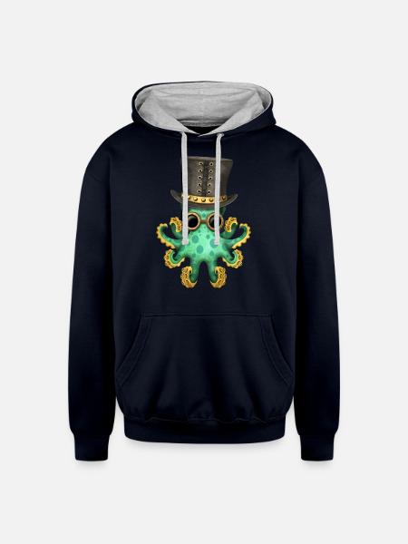 Steampunk Green Octopus - Unisex Contrast Hoodie - navy/heather gray