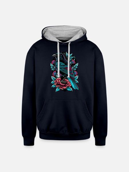 Floral Raven - Unisex Contrast Hoodie - navy/heather gray
