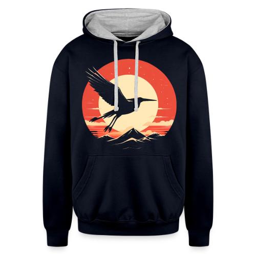 Majestic Crane Soaring Against Rising Sun - Unisex Contrast Hoodie
