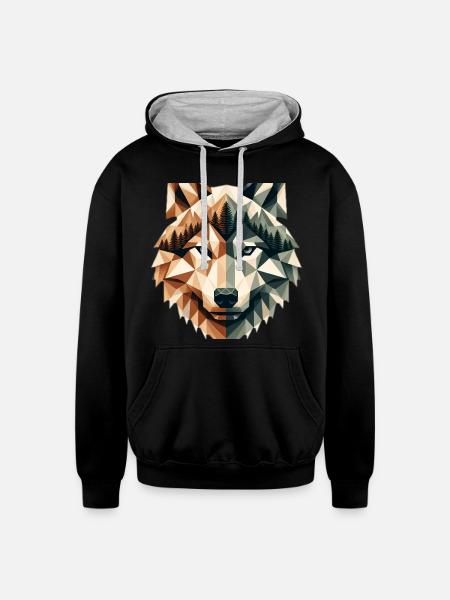 Geometric Wolf Over Peaks - Unisex Contrast Hoodie - black/heather gray