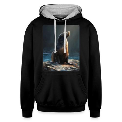 Fur Seal Artistic Shore Portrait Design - Unisex Contrast Hoodie