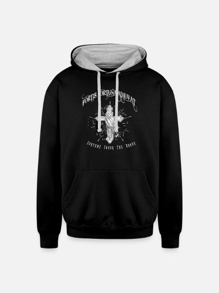 Fortis Fortuna Adiuvat - Cross and Hand Tattoo - Unisex Contrast Hoodie - black/heather gray
