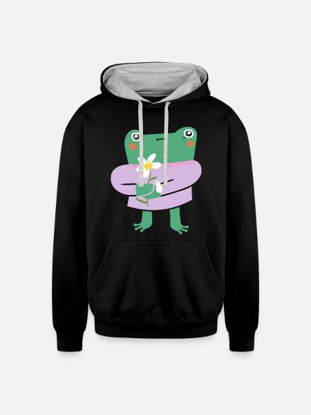 Shy Frog with Flower - Unisex Contrast Hoodie - black/heather gray