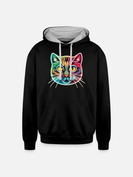 cat face neon design - Unisex Contrast Hoodie - black/heather gray