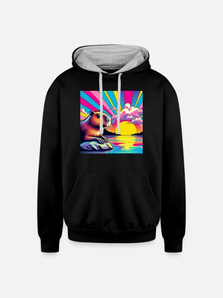 Neon Sunset Guinea Pig - Unisex Contrast Hoodie - black/heather gray