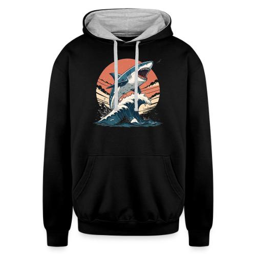Fierce Shark Breaking Through Waves - Unisex Contrast Hoodie