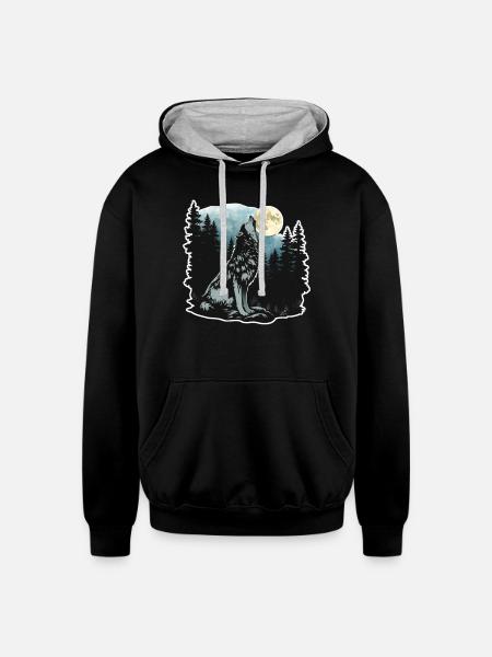 Wolf Howling At Moon - Unisex Contrast Hoodie - black/heather gray
