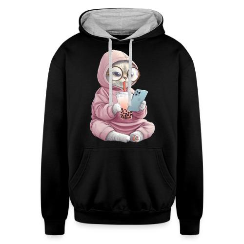 Cool Cat Bubble Tea Cartoon Design - Unisex Contrast Hoodie