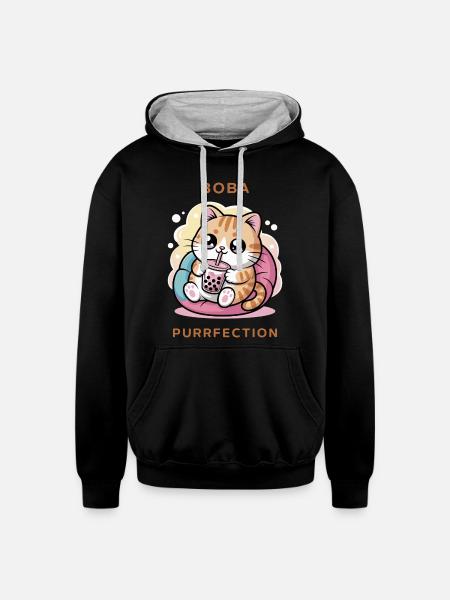 Boba Cat Purrfection - Unisex Contrast Hoodie - black/heather gray