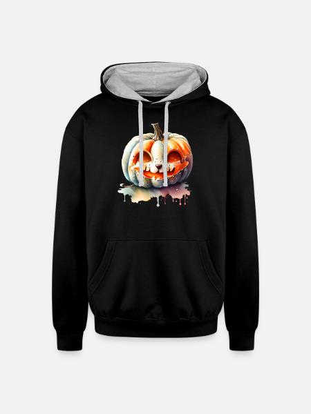 Pumpkin With Cat Face - Unisex Contrast Hoodie - black/heather gray