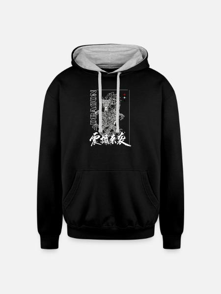Dragon Glyphs on Black Ink - Unisex Contrast Hoodie - black/heather gray